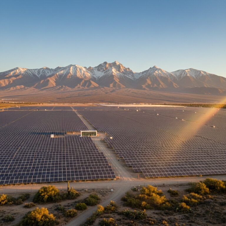Planta solar en el desierto con montañas de fondo